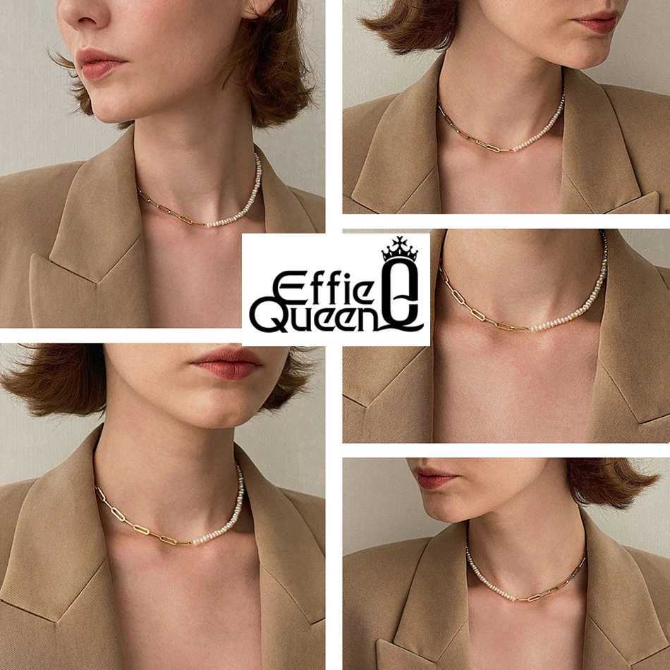 Naszyjniki wisiorek Effie Queen 14K Gold Vintage Paper Clip Link Link Naszyjnik z naturalną perłą słodkowodną dla kobiet dziewczyny biżuteria mody GPN13 240419