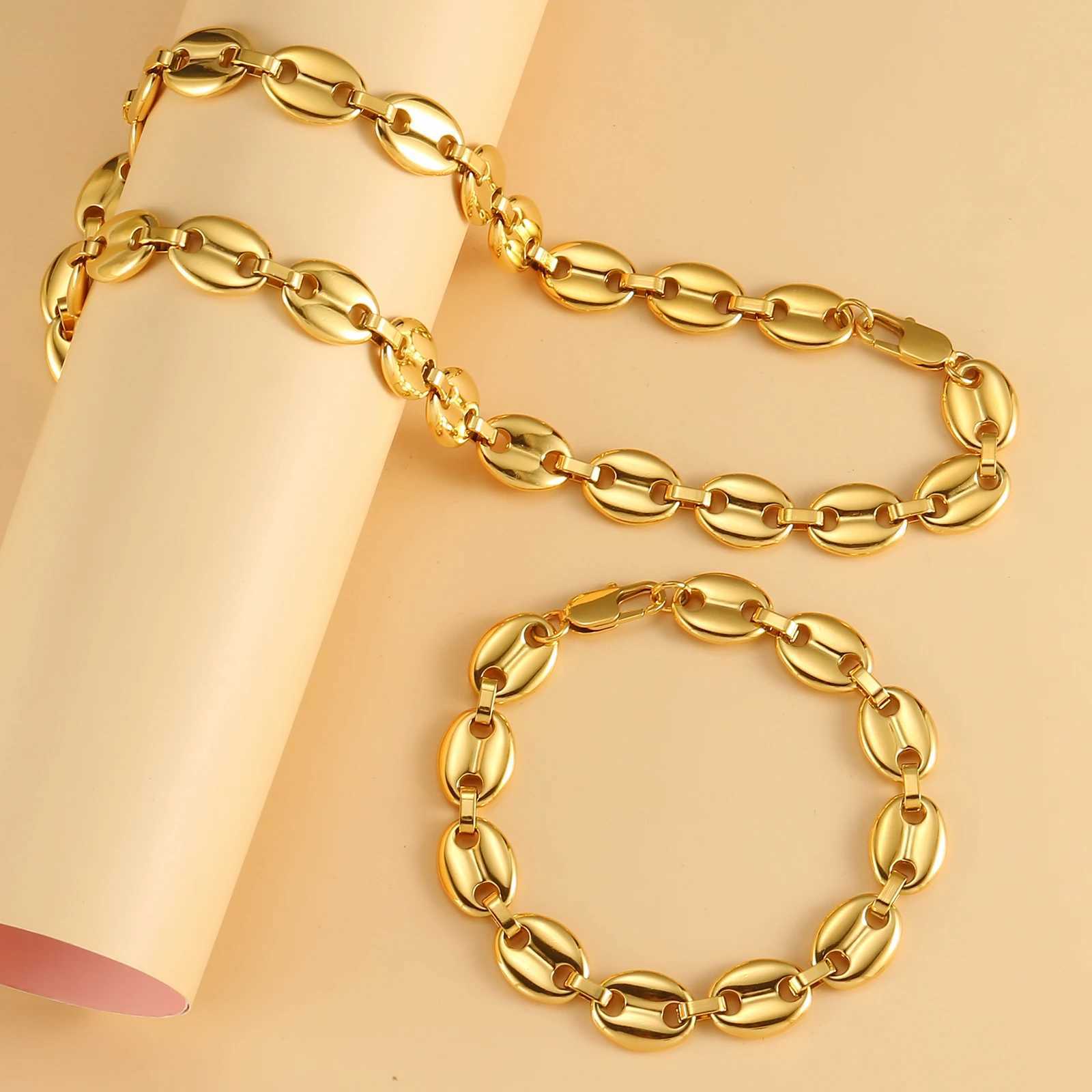 Pendant Necklaces Coffee Bean Chain Necklace Bracelet for Men Women Gold Plated Stainless Steel Jewelry Charm Choker Fashion Gifts Accessories 240419