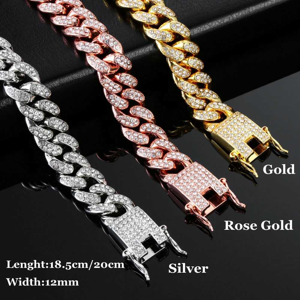 Chain HipHop Men Women 13MM Prong Cuban Link Chain Bracelet Bling Iced Out 2 Row Rhinestone Paved Miami Rhombus Cuban Chain Jewelry d240419