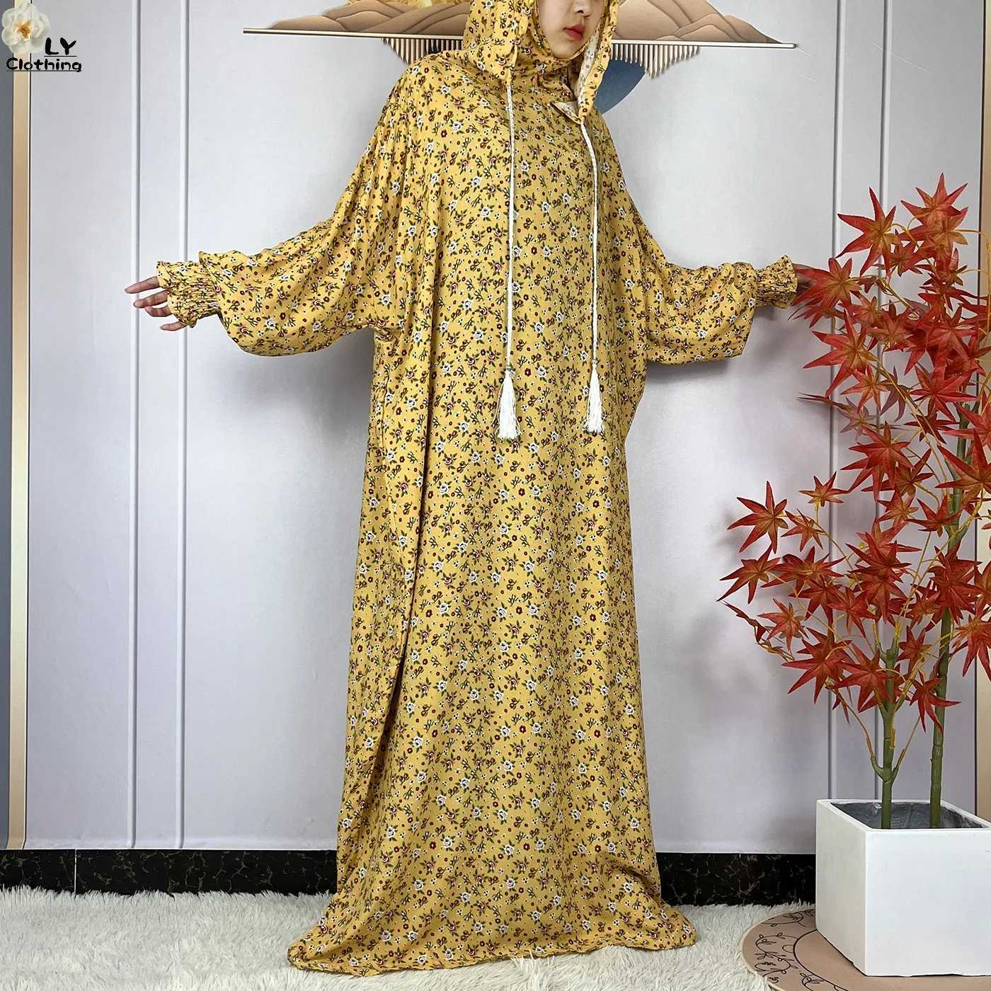 Ethnic Clothing Newest Muslim Hijab Long Sleeve Women Eid Hooded Two Hats Cotton Loose Dress Dubai Islamic Maxi Arab Robe African Abaya Clothing d240419