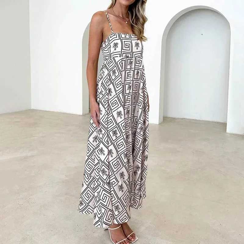 Basic Casual Dresses Vintage Pattern Print Vacation Long Dress Women Spring Square Collar Straps Party Dress Summer Sleeveless Loose Boho Beach Dress 240419