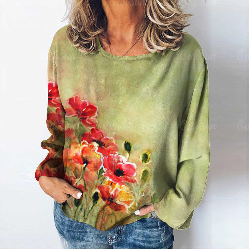 2024 Autumn and Winter Womens Long Sleeved U-neck Full Screen Printed T-shirt 3d Floral Fragments