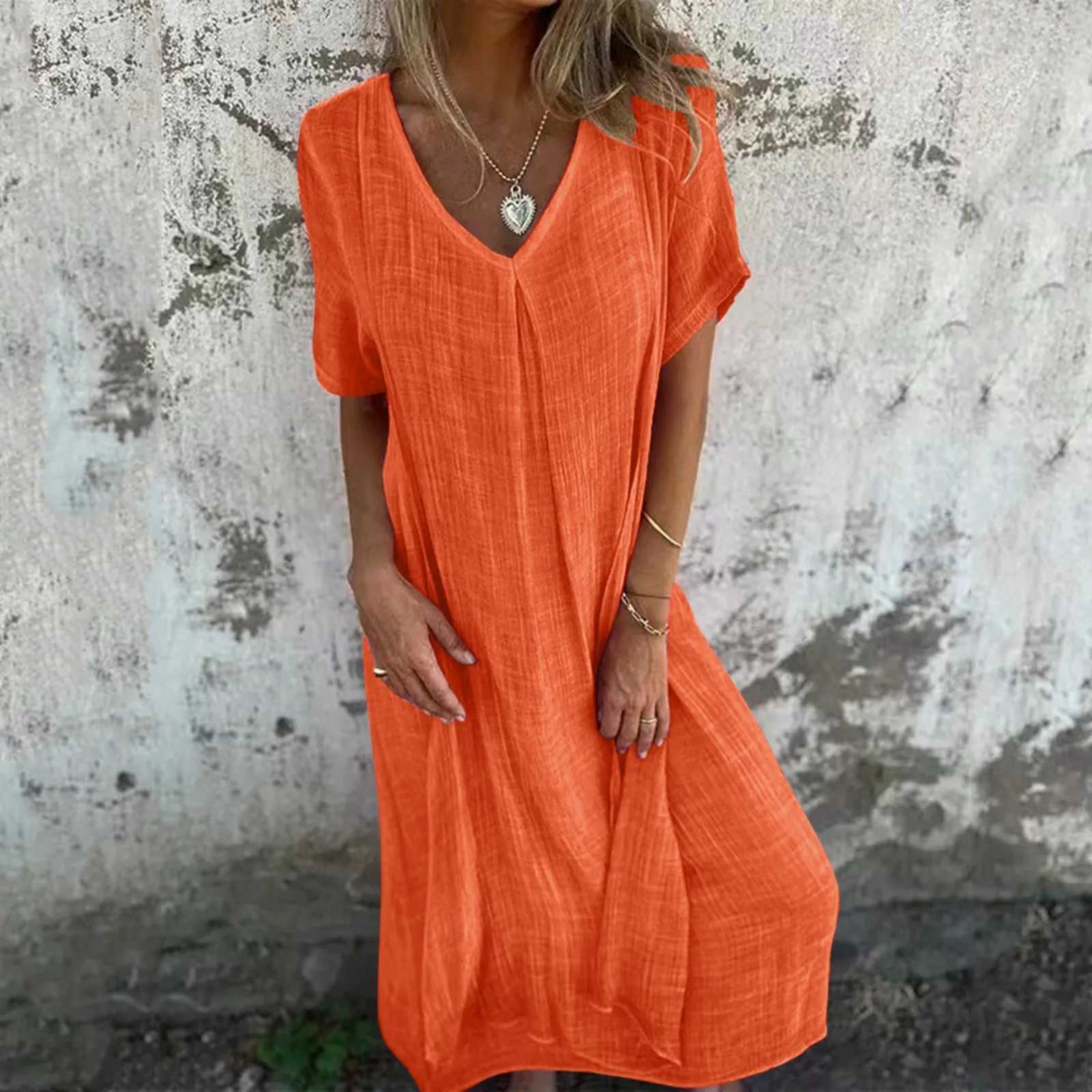 Basic Casual Dresses Cotton Linen Short Sleeve Loose Dress 2024 Summer Womens V-neck High Waist Long Dress Vintage Solid Color Straight Beach Dress 240419