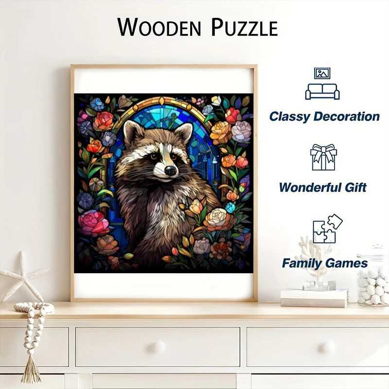 3D -pussel träpussel Rose Raccoon Puzzle Toys Home Decoration målning Semestergåvor Stress Relief Toys 240419