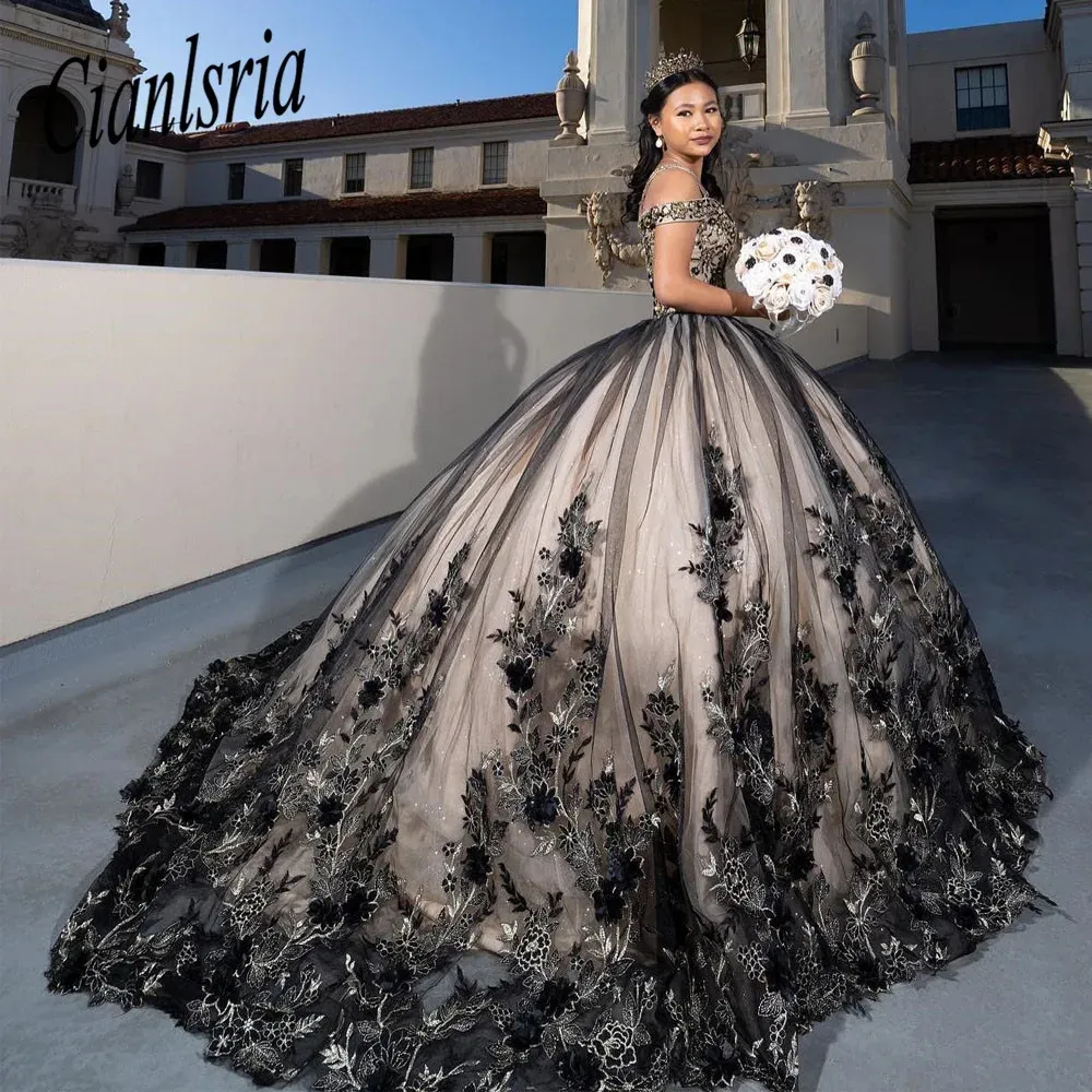 Black Sweetheart Ball Hown платье quinceanera для девочек с бисером для вечеринки по случаю дня рождения платья на выпускные платья 3d цветы vestido de 15 anos