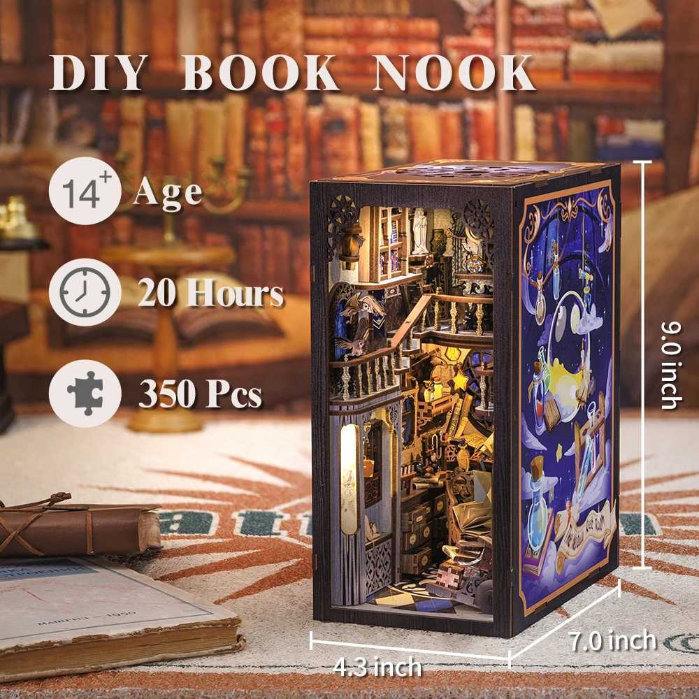 3D Puzzles Cutebee Drewniana książka Nook Shelt Wstaw Zestaw Miniaturowe Zestawy budowlane Magic Night Alley Showshelf z pył okładki Bookends Prezenty 240419