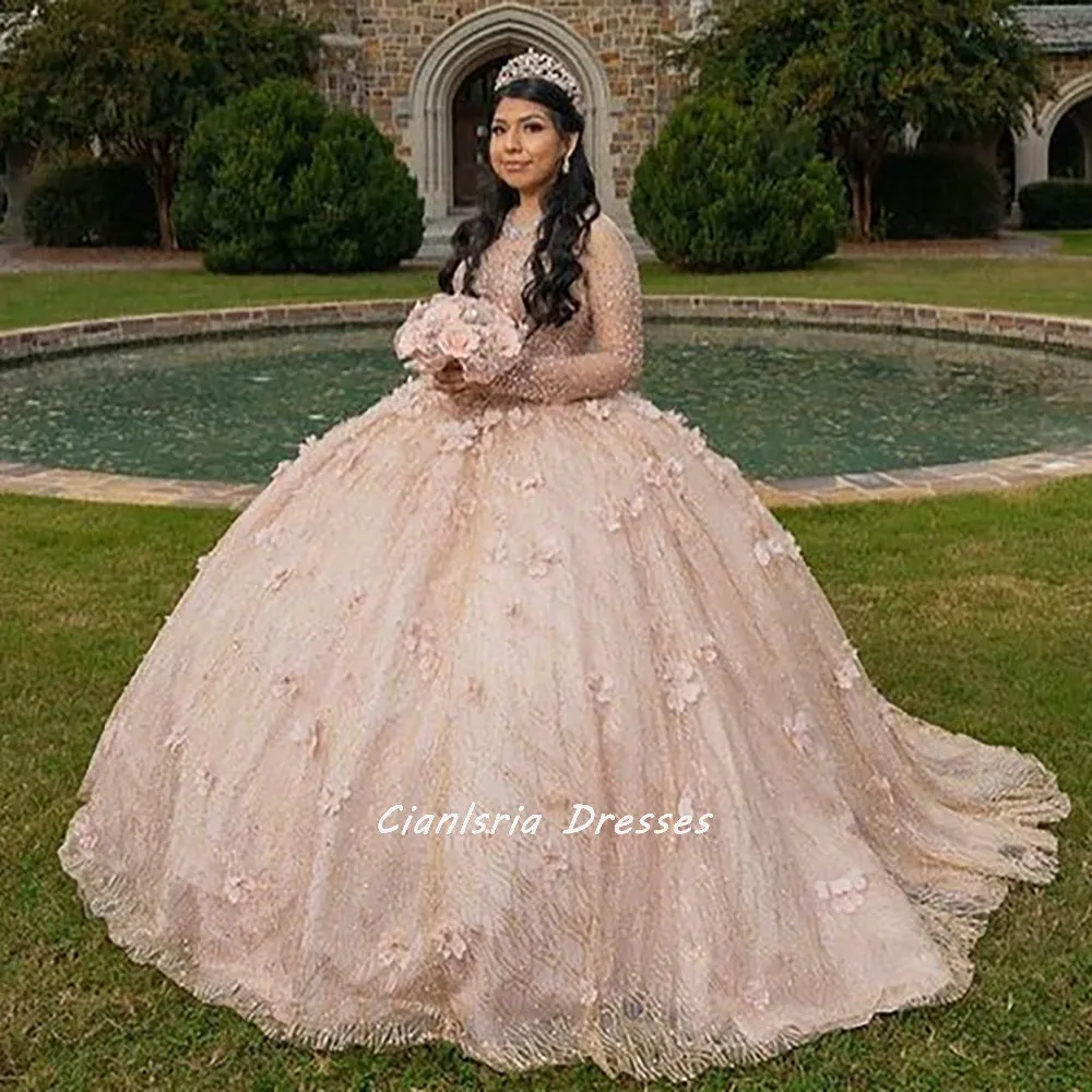 로즈 골드 롱 슬리브 볼 가운 Quinceanera 드레스 수제 꽃 크리스탈 아플리케 파티 스위트 15 16 드레스 Quinceanera anos