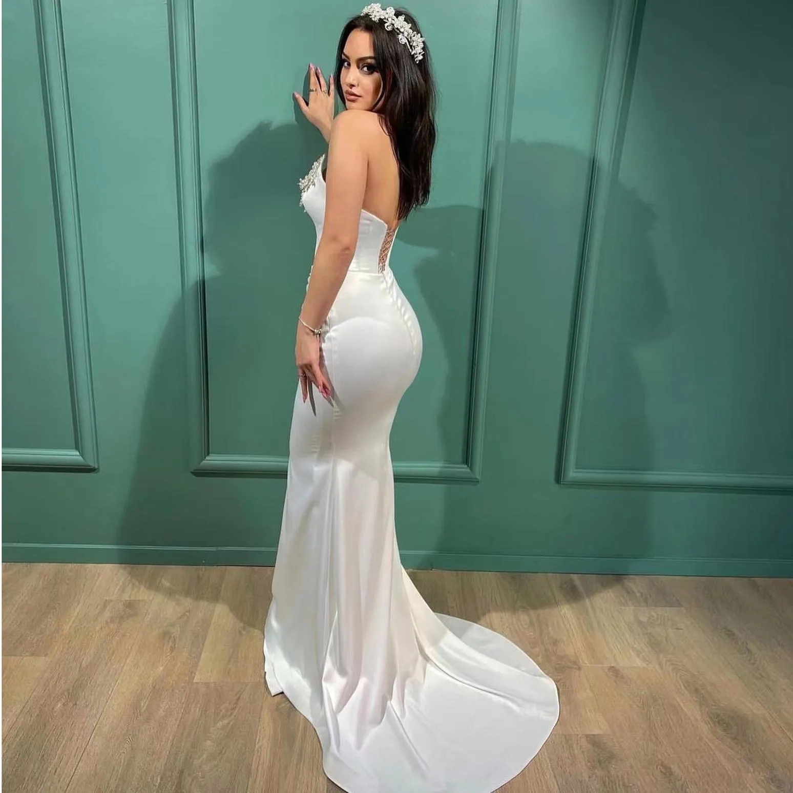 Arabian Dubai Overskirt Wedding Dresses Simple Satin Sequins Beaded Vintage Bridal Gowns Lace-up Back With Detachable Train Mermaid Bride Vestidos De Novia YD