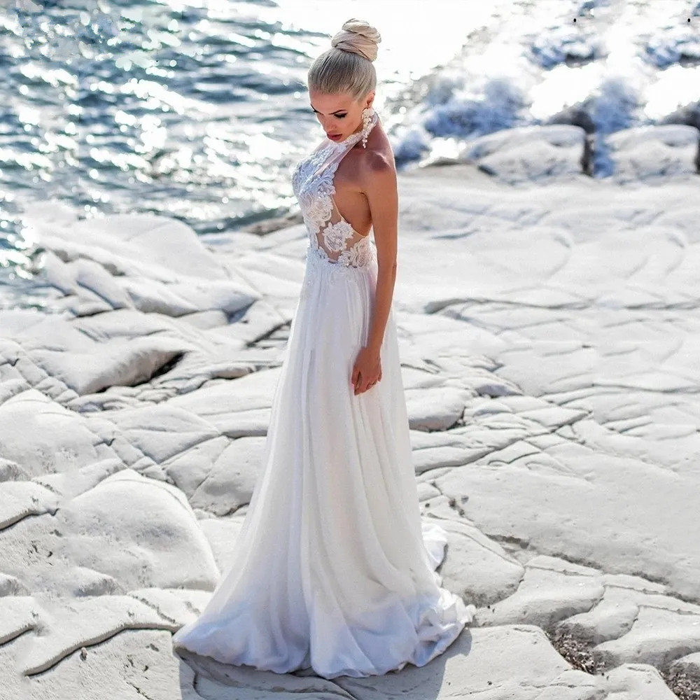Halter Lace Appliqued A Line Wedding Dresses Summer Beach Boho High Sli diviso Sleevelessing Simples Simple Brides Abito da ricezione YD