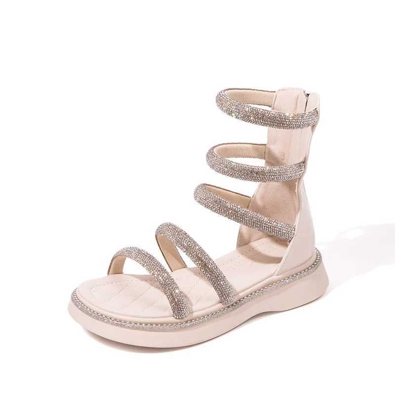 Sandals Summer Childrens Girls Gladiator Sandals Rhinestone Crystal Princess Solf Shoes Non-slip Breathable Fashion Kids Sandals Girls 240419