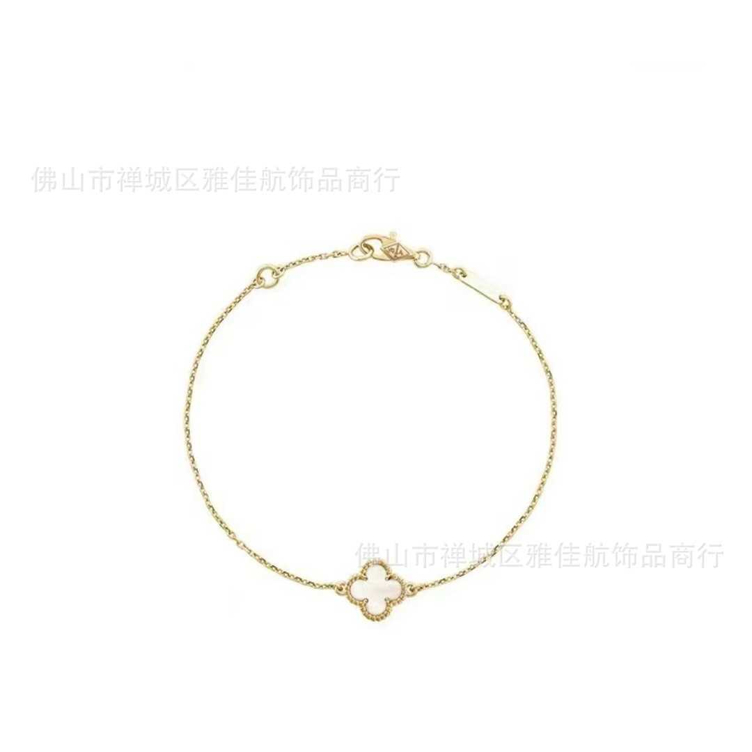 Highend designer original Vancleff Double sided Clover Single Flower Bracelet 18K Natural White Fritillaria Full Diamond Mini Fashion High version