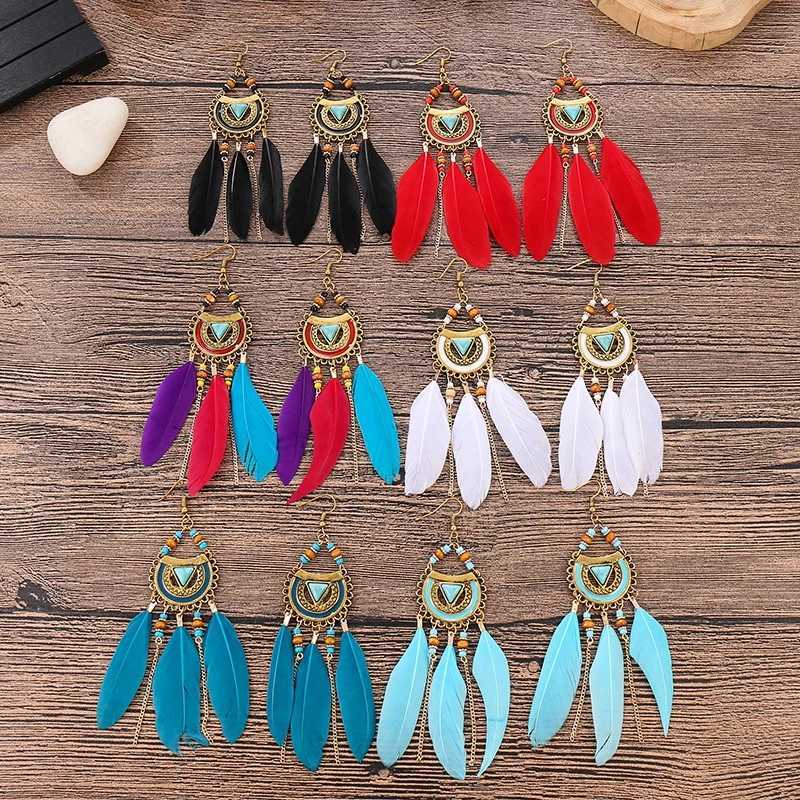 Other Bohemian White Semicircle Long Feather Tassel Ladies Earrings Women Summer Indian Jewelry Natural Wood Beads Dangle Earrings 240419