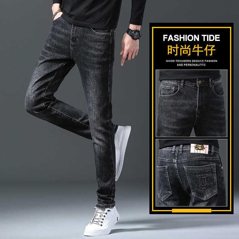 Men's Jeans designer Brand Black Grey Thick Elastic Slim Fit Small Straight Solid Mid Rise Casual Luxury High end Pants 53VQ