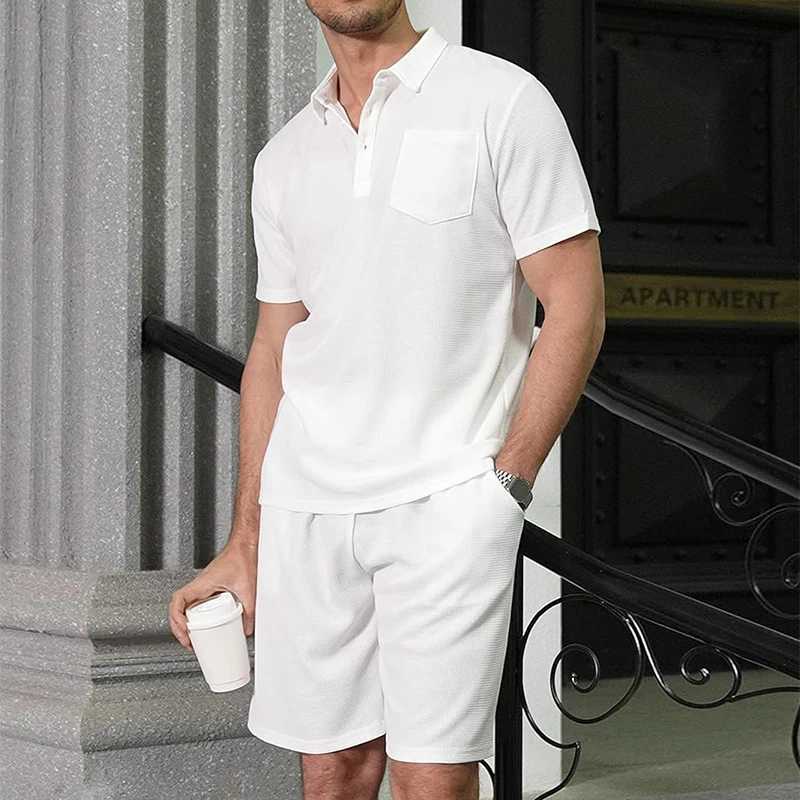 Men's Shorts Casual Pocket Short Sleeve Polo Shirt And Shorts Men Two Piece Sets Summer Fashion Solid Color Slim Outfits Mens Leisure Suits 240419 240419