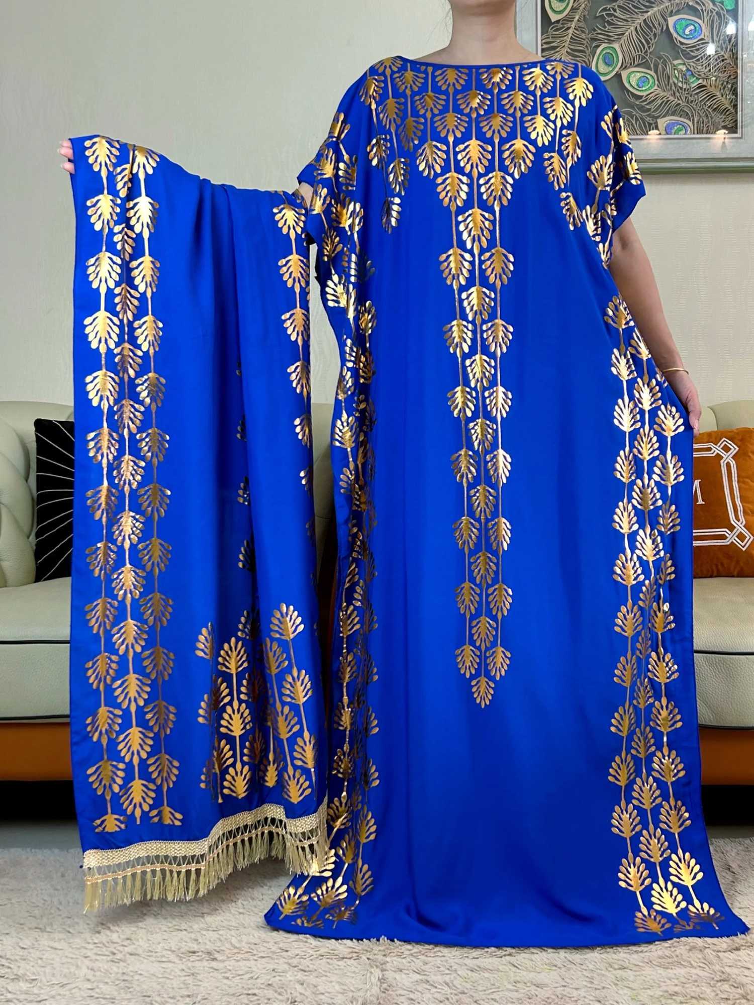 Vêtements ethniques Nouvelles robes d'été de la mode avec une grande écharpe Dubaï Turquie Kaftan musulman lâche Abaya Femmes african décontractée maxi or estampin d240419