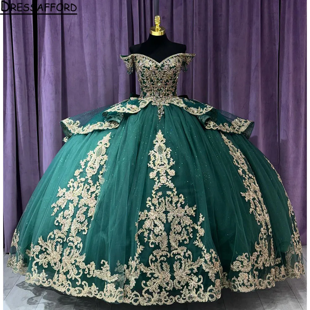 2024 Quinceanera Dresses Green Lace Appliques Off Shouldry Crystal Beads Short Sleeves 3d Floral Flower Plus Size Parmal Party From Evening Gowns