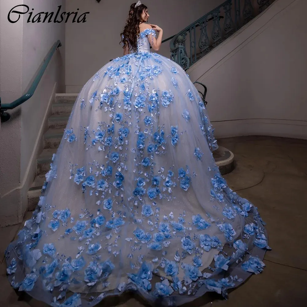 Perle azzurra perle perline abito da ballo Quinceanera vestiti dalla spalla Corset corsetto in pizzo floreale 3D Vestidos de 15 Anos