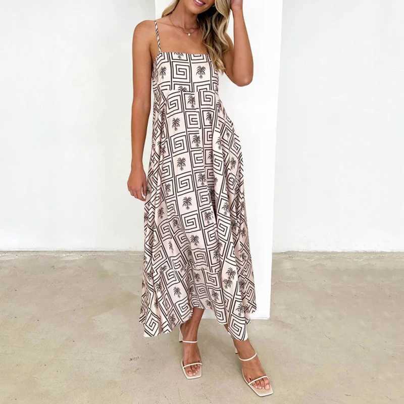 Basic Casual Dresses Vintage Pattern Print Vacation Long Dress Women Spring Square Collar Straps Party Dress Summer Sleeveless Loose Boho Beach Dress 240419