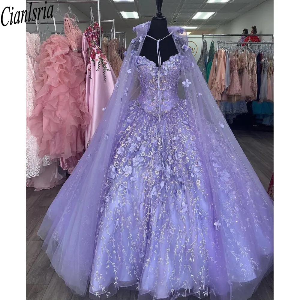 2024 Lavendel Quinceanera Sweet 16 Kleider Spitzenapplikation von Schulter Schnür-Bällenkugel Abschluss 7th