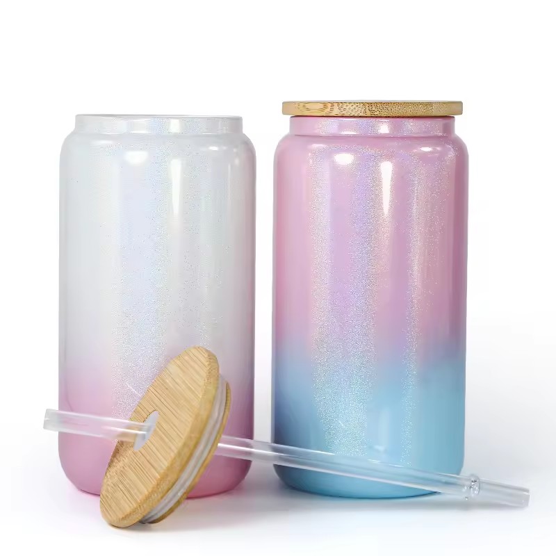 16oz Sublimation Shimmer Glitter Glass Cups Rainbow Gradient Tumbler Holographic Juice Jar Beverage Drinking Beer Can Cups Iced Coffee Mugs With Bamboo Lids & Straws