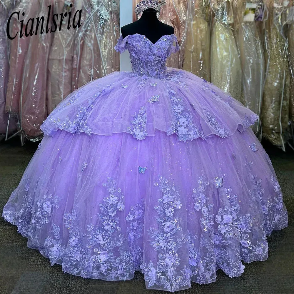 Lilas au large de la robe de bal shouler robes quinceanera pour filles célèbres célébrités robes de fête appliques