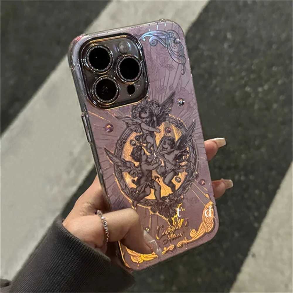 Cell Phone Cases Retro European Cupid Angel Aurora Laser Phone Case Suitable for iPhone 15 14 12 Pro Max INS Flash Lens Protection Cover Luxury Funda J240418