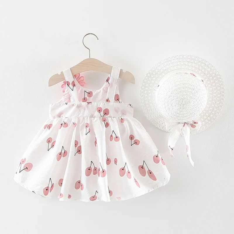 Girl's Dresses 2st/Setsummer New Childrens Dress Girl Korean Edition Baby Girl Två blommor Tryckt kjol med Hat D240419