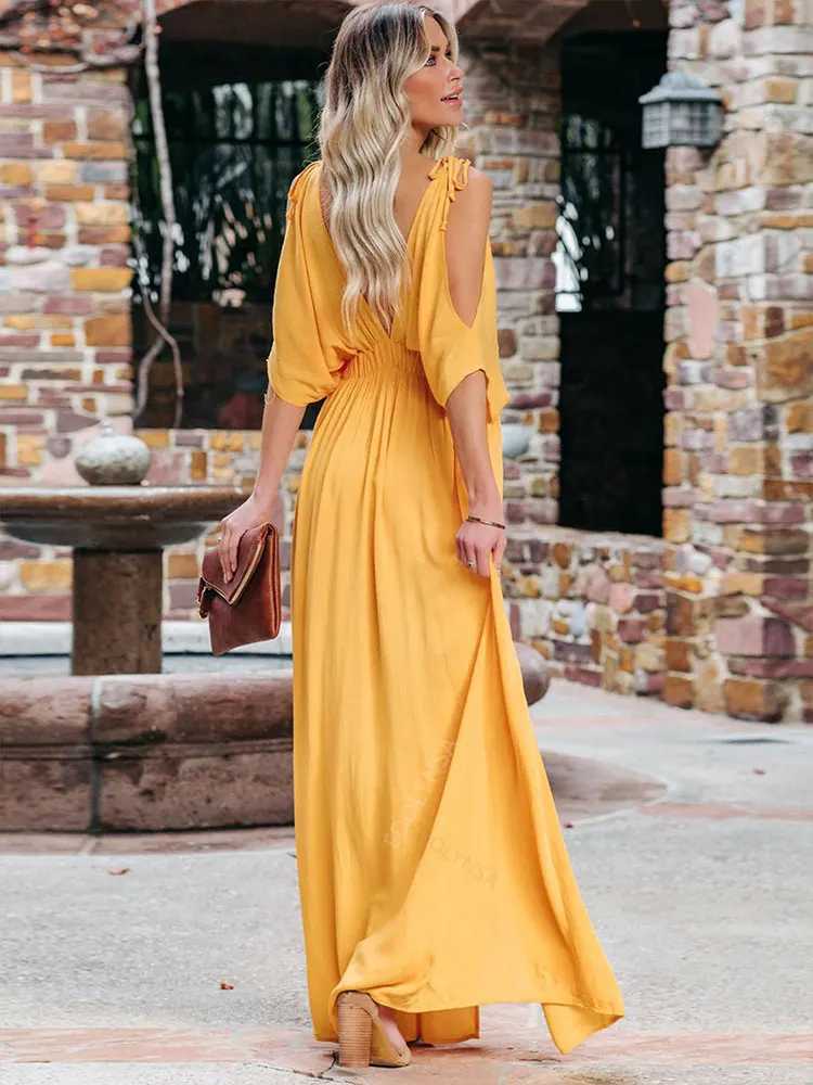 Basic Casual Dresses Boho Chiffon V-Neck Off Shoulder Sleeve Slit Tunic Dress Women 2023 Summer Elegant Solid Color Beach Wear Maxi Dresses A1445 240419