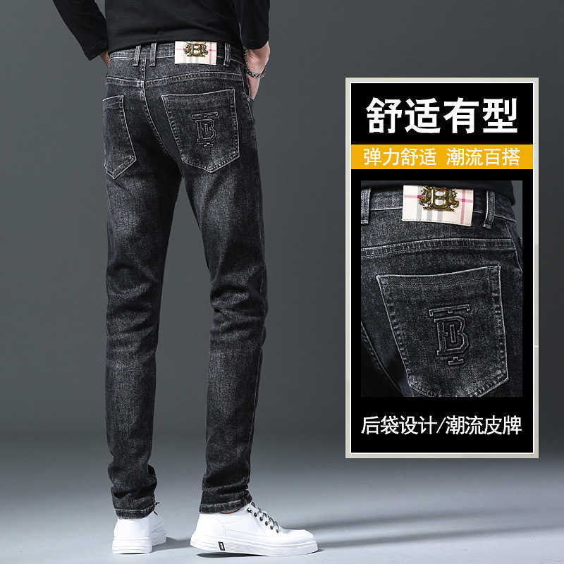 Men's Jeans designer Brand Black Grey Thick Elastic Slim Fit Small Straight Solid Mid Rise Casual Luxury High end Pants 53VQ