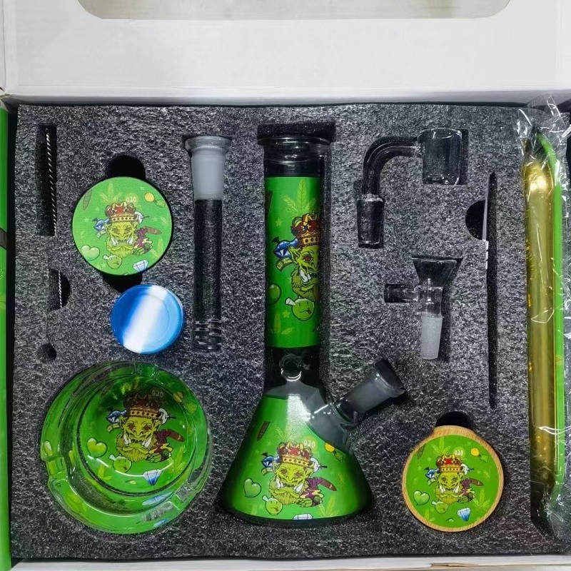 Glass Bong Hosah Kit med örtkvarnlagringstank rullande bricka Ashfray Quartz Banger Accessories Smoke Bongs Set Dab Rig