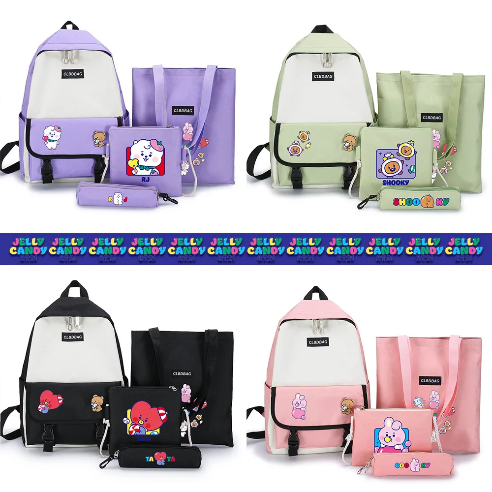 Bags Backpack Suit BT21 Kpop Backpack+Shoulder Bag+Handbag+Pencil Case Girls Kawai Stationery Supplies Fashion School Bag