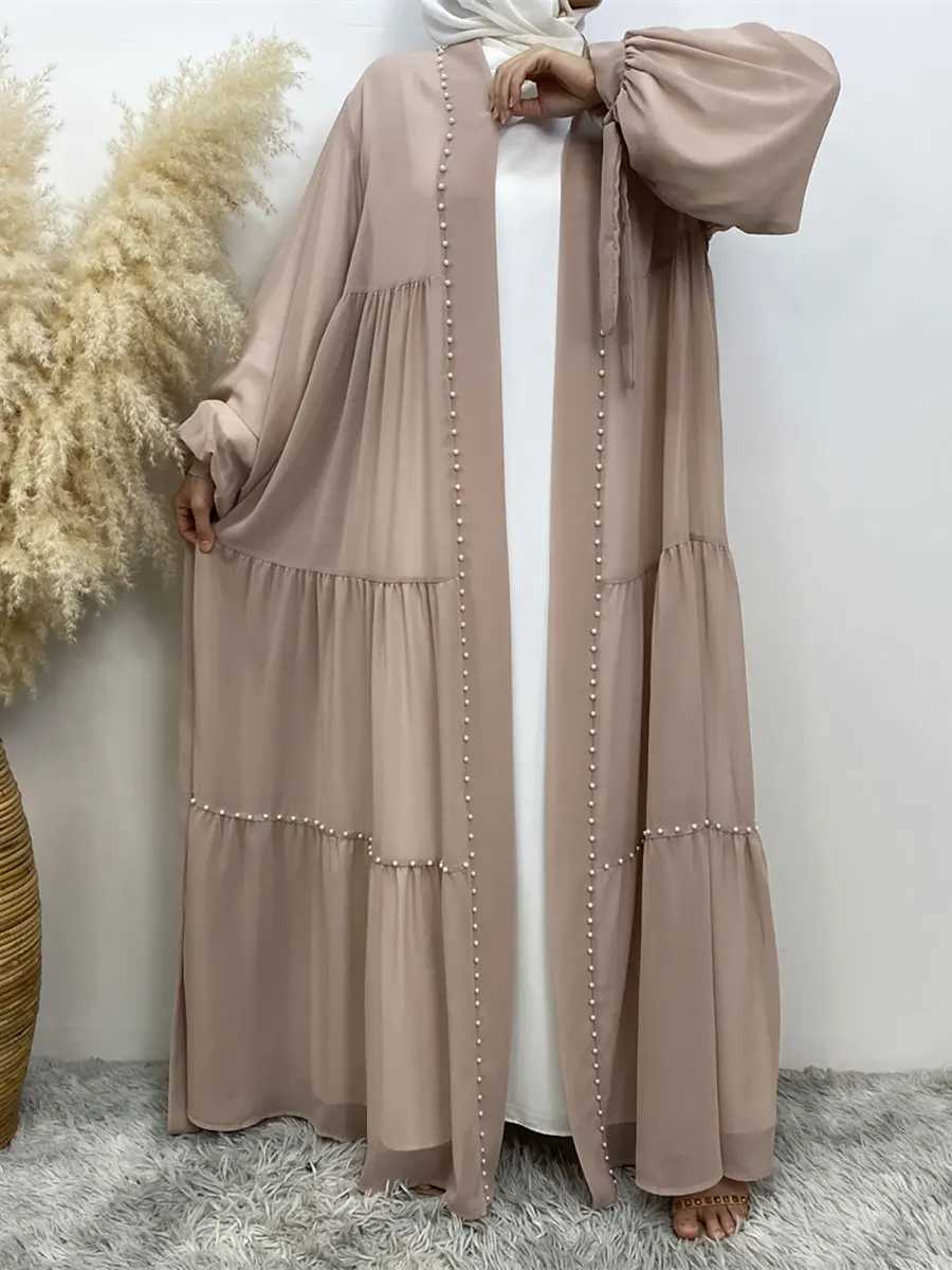 Roupas étnicas pérolas de chiffon tie tie design cardigan túmulo modesto muçulmano dubai elegante kimono vestido abaya corban eid mulher d240419