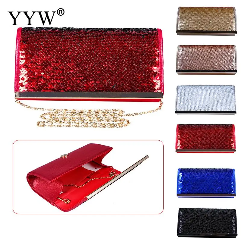 Väskor paljetterade kuvertväskor för kvinnor Evening Party Gold Chain Crossbod Bags 2019 Fashion Long Clutch Plånböcker Röd färg bröllopsväska