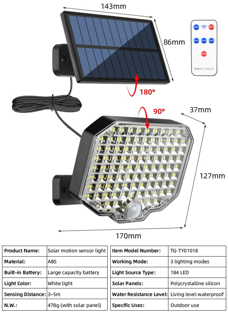 Solarväggsljus delad 184Led rörelsessensor trädgårdsljus inomhus vår door belysningssäkerhetsljus