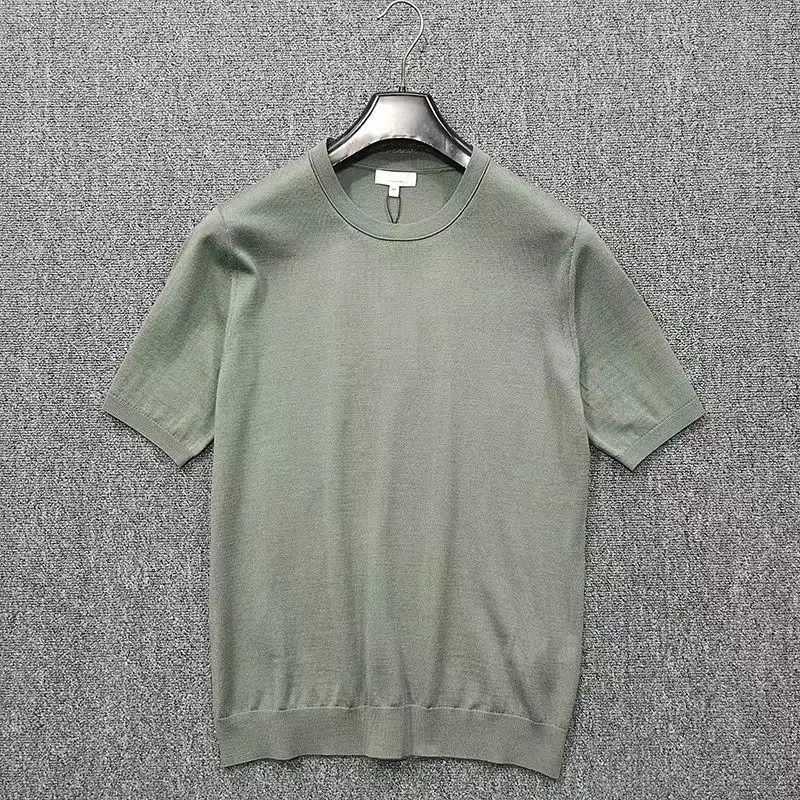 Erkek Tişörtleri Yüksek Kaliteli Ultra-Fine% 100 Merino Yün İlkbahar ve Yaz Mens Business Crew Boyun Kısa Kollu Örme T-Shirt Top J240419