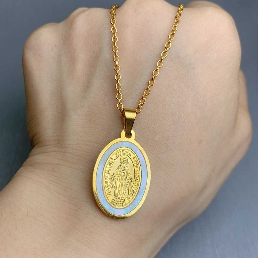 Pendant Necklaces Stainless Steel Gold Plated Oval Medal Religious Virgin Mary Pendant Necklace For Women 2022 Gift Jewelry Wholesale 240419