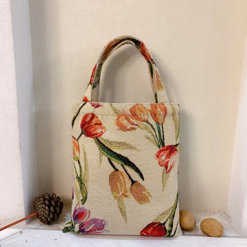 Bracciali alla moda di pittura ad olio retrò colore abbinata tulipano jacquard trasportare la borsa da pranzo lavorare con la spalla da donna mano di stoffa