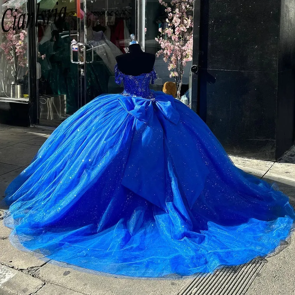 Королевское голубое хрустальное балотное платье с шариковым платьем Quinceanera с плеча корсет сладкое 15 vestidos de xv anos