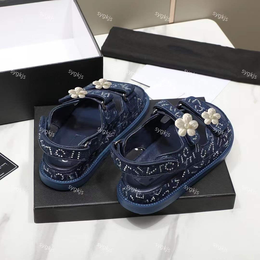 Stunning Denim Rhinestone Magic Stick Sandals Women Summer Luxury Brand Designer Slides Flat Heel Size 35 To 40