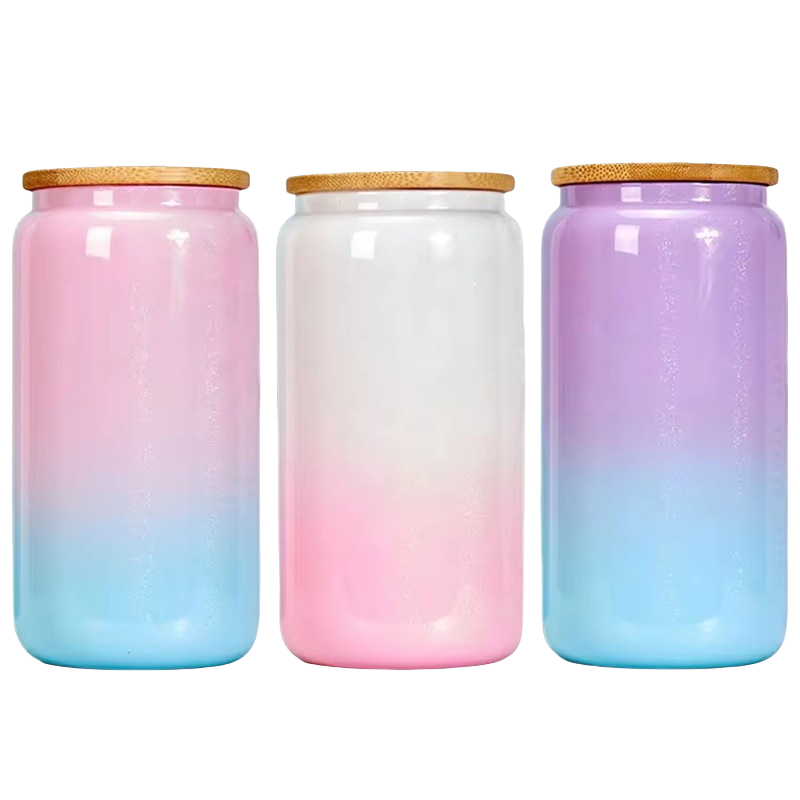 16oz Sublimation Shimmer Glitter Glass Cups Rainbow Gradient Tumbler Holographic Juice Jar Beverage Drinking Beer Can Cups Iced Coffee Mugs With Bamboo Lids & Straws