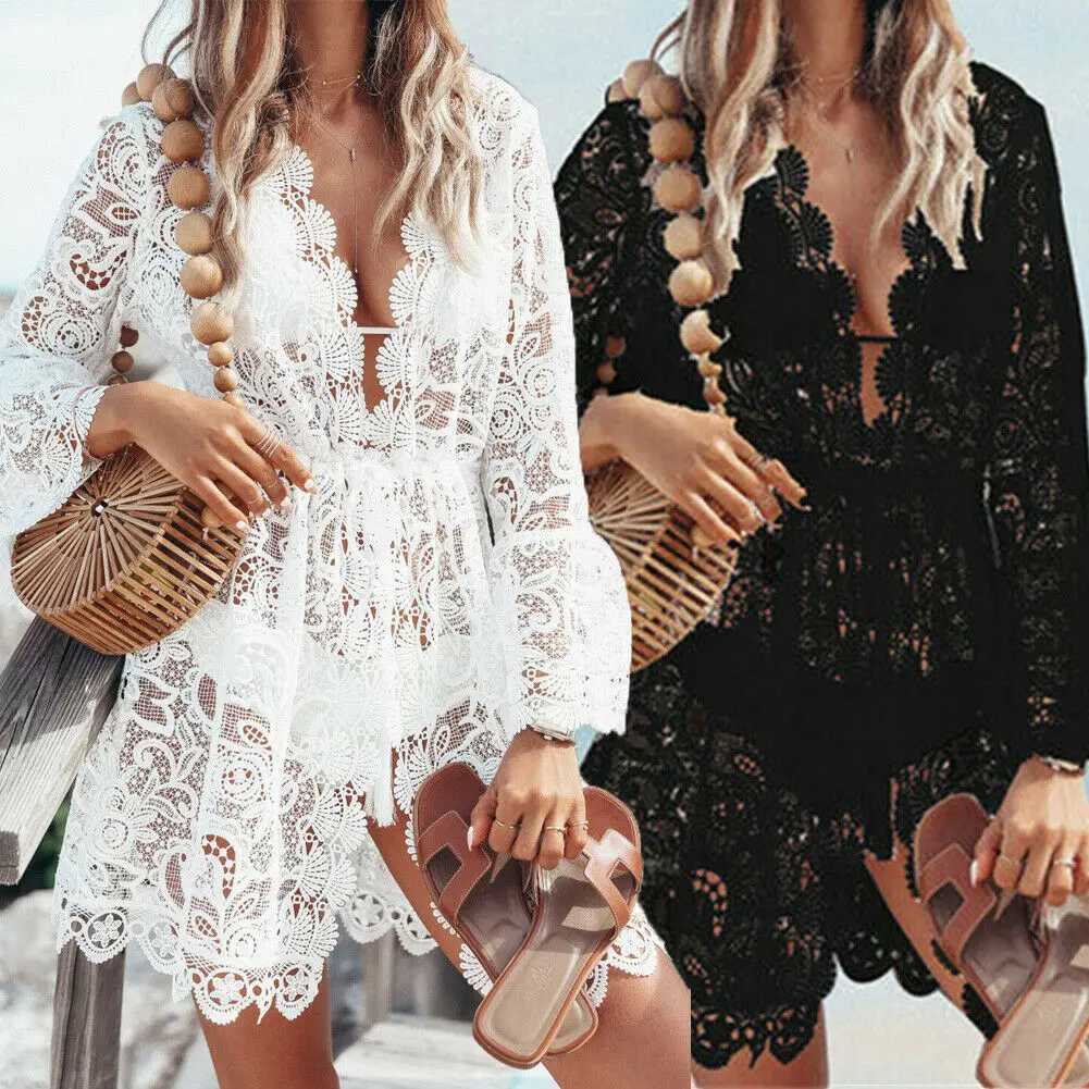 Robes décontractées de base Hot Vente Femmes Sexy V-Neck Lace Lace Beach Bikini Cover Up Femme Boho Casual Party Holiday Beach Robe Sundren Cabinet Up Opfits 240419