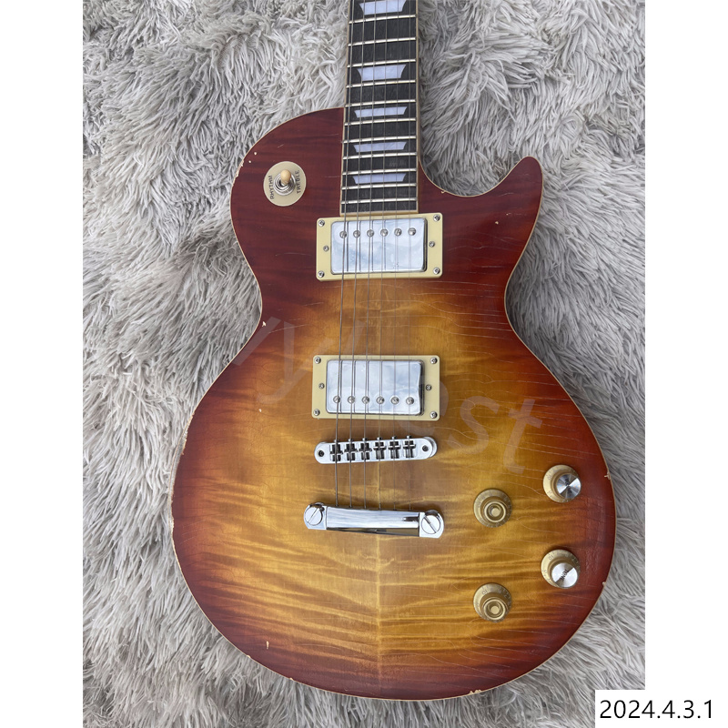 Stocking! Electric Guitar Dark Red Burst Flame Top Pickups No Pickgaurd Small Pin Bridge Spedizione gratuita!