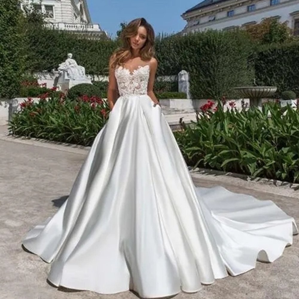 Modern Satin A Line Wedding Dresses For Brides With Pockets Sheer Crew Neck Lace Gowns Sweep Train Backless Robes de Mariee YD