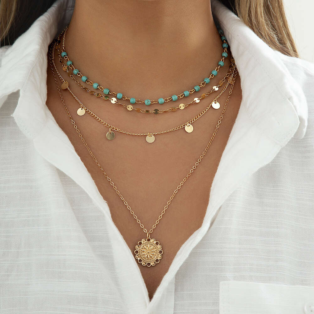 Style Turquoise Ethnic Jewelry Beaded Collarbone Necklace Female Flower Tray Pendant Elegant Tassel