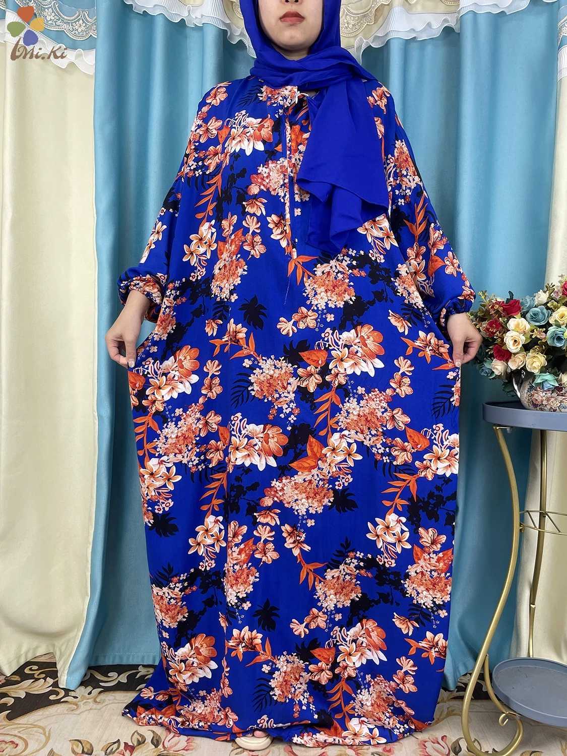 Abbigliamento etnico 2024 Nuove donne africane Abayas Ramadan Preghiera Dubai Turchia Medio Oriente Femme Rayon Robe floreale Ablio Africano Ablio Turban Joint D240419