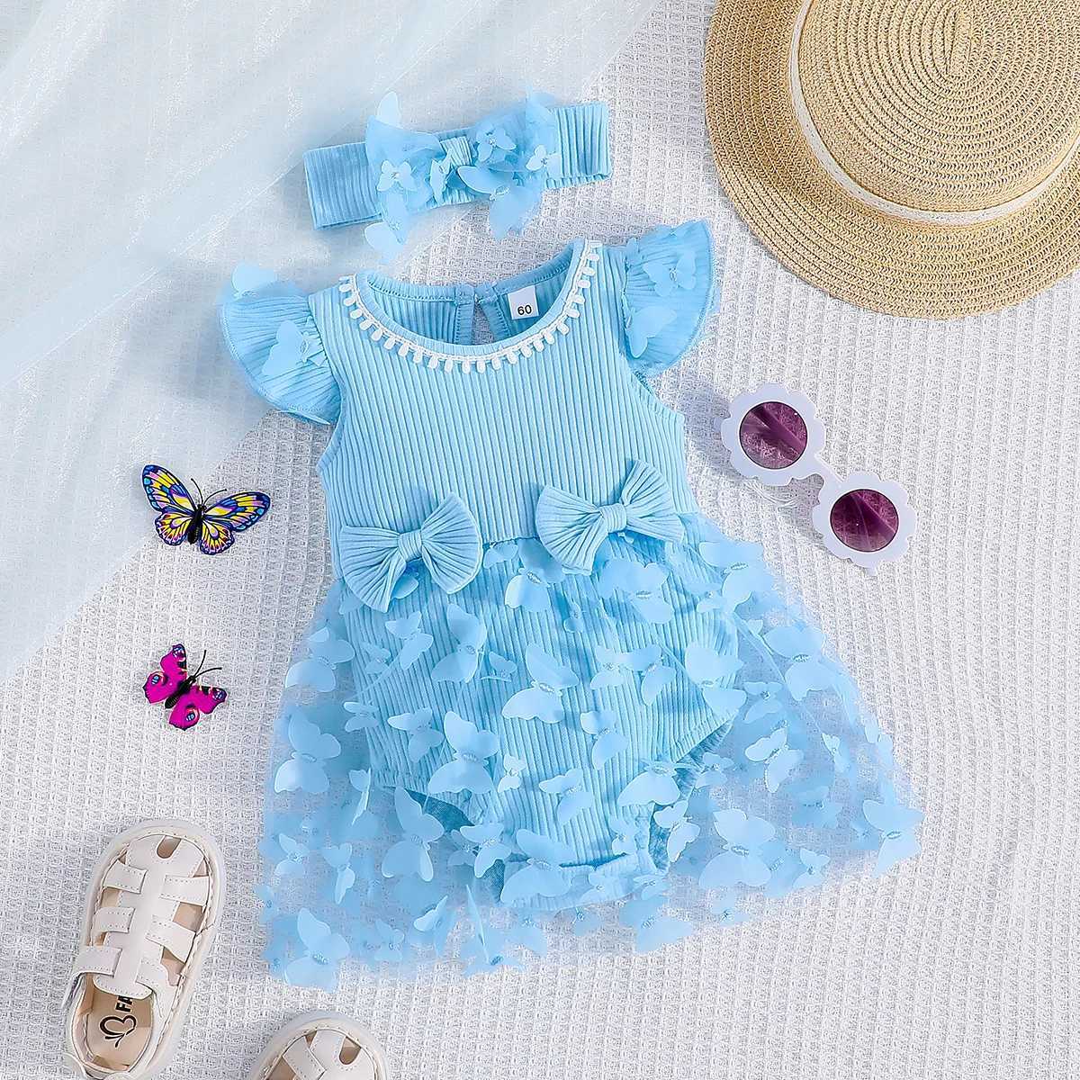 Vestido de vestidos de menina para crianças de 0 a 18 meses de aniversário de manga de borboleta rosa Tulle Princess Formal Dresses ootd para recém-nascido bebê menina d240423