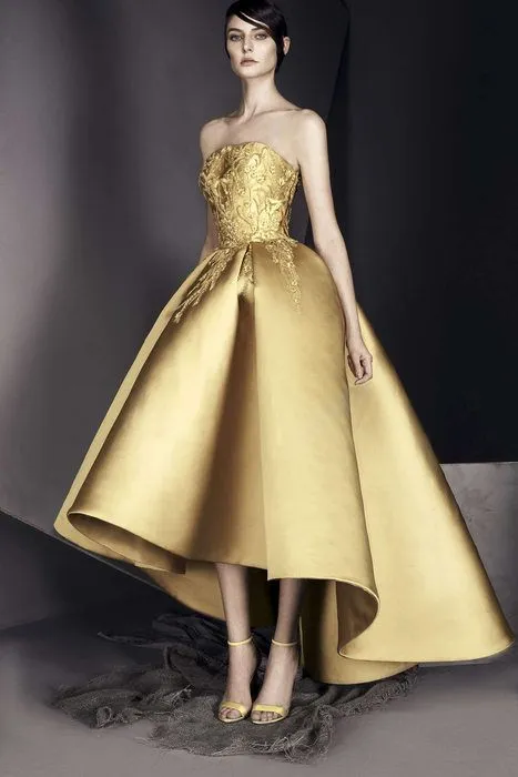 Ashi Studio Elegant Evening Dresses 2020 Gold Strapless Hi Lo Prom Gowns Lace Appliques Special Occasion Dress Vestidos
