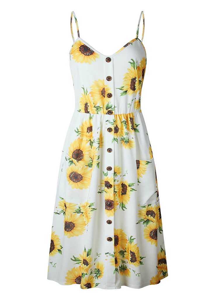 Основные повседневные платья Loskky Women Summer Sunflower платье сексуальное платье без бретелек Midi пуговица без спины цветочный сарафет пляж.