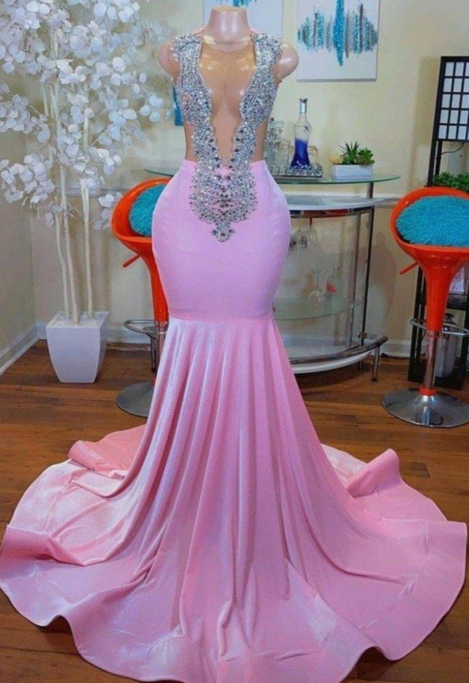 Pink Aso Ebi Ebi Mermaid Sukienki wieczorne Bliskienki z koralikami Sheer Punging V Neck Prom Formalne suknie Szczupłe i Flare Women Drugi recepcja Gala Gala Party Cl3512