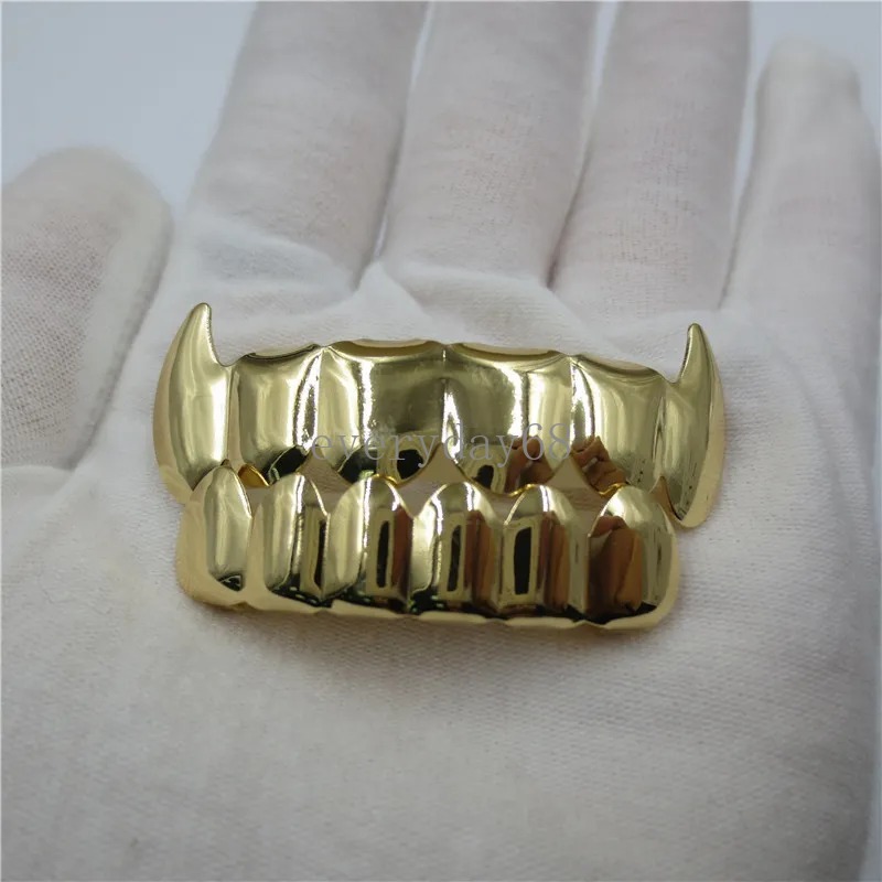 Hip Hop Teeth Grillz 14K Real Gold Plated Punk Top Bottom Dental Grill Set Silver Removable Vampire Grills for Women Men Halloween Rapper Costume Jewelry Accessories